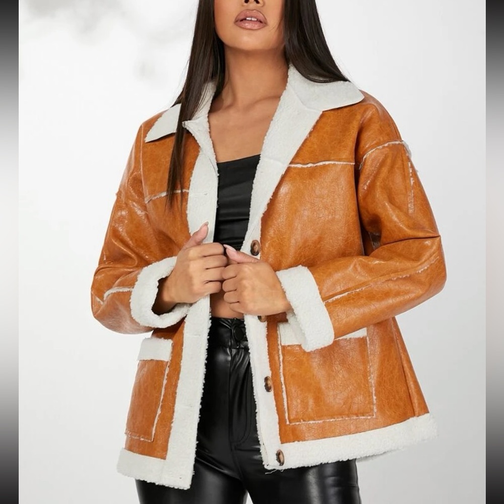 Brown / camel / cognac Teddy Lined Drop Shoulder PU faux Leather Coat - Picture 3 of 5